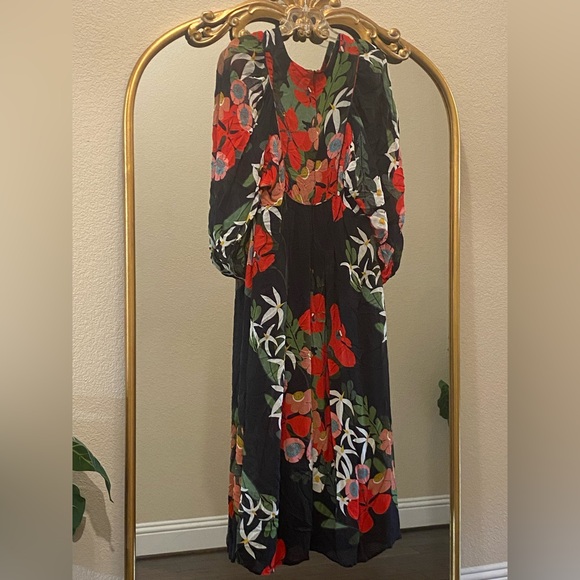 Farm Rio For Anthropologie Long-Sleeve V-Neck Black Floral Maxi Dress Size S - Picture 9 of 13